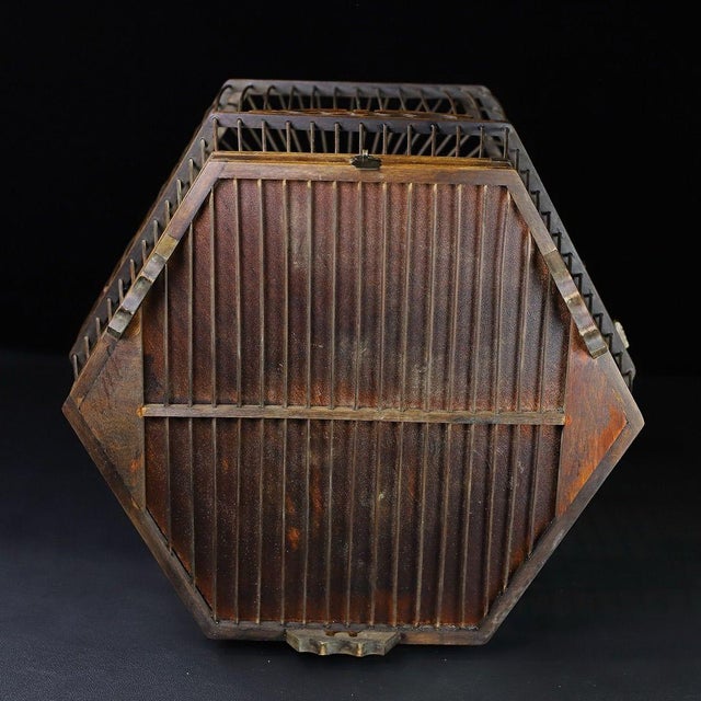 Vintage Chinese Huali Rosewood Hexagonal Bird Cage With Gemstone Inlays and Bronze Hook For Sale - Image 9 of 9