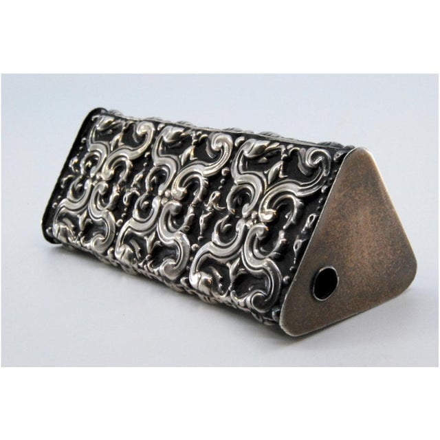 Toothpick Holder in Embossed Silver in a Triangular Shape with a Lid for Opening For Sale - Image 9 of 10