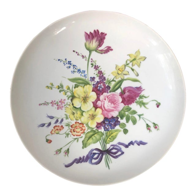 Vintage Bloomingdales Round Platter With Handprinted Floral Bouquet For Sale