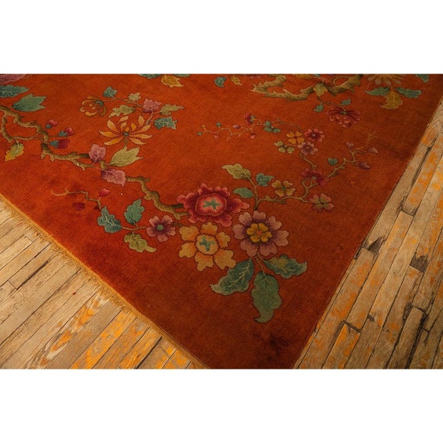 1920s Modern Square Orange Bold Floral Knotted Wool Antique Chinese Art Deco Rug For Sale In New York - Image 6 of 7