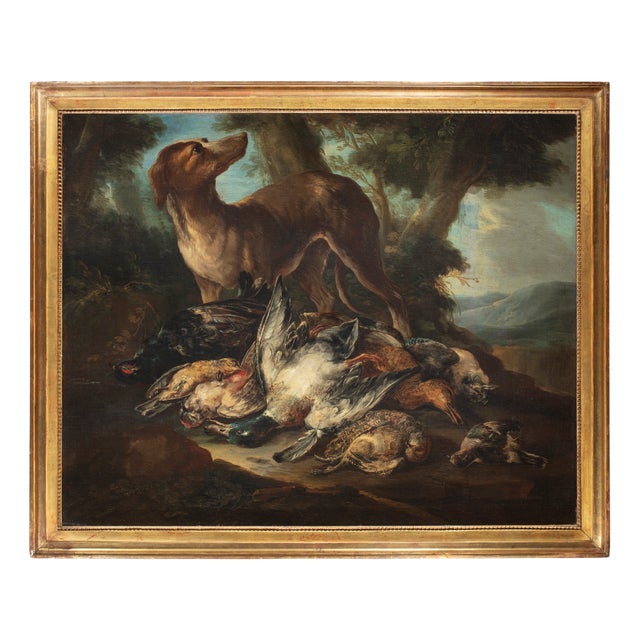 Giovanni Crivelli, Still Life with Dog and Game in a Rural Landscape, 1800s, Oil on Canvas, Framed For Sale