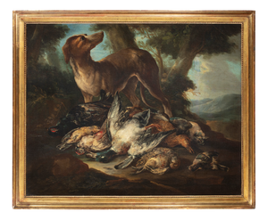 Giovanni Crivelli, Still Life with Dog and Game in a Rural Landscape, 1800s, Oil on Canvas, Framed