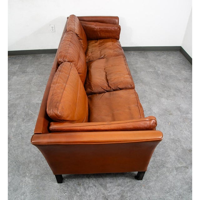 Mid Century Danish Modern Sofa Settee 3 Seater Brown Cognac Leather Denmark MCM For Sale - Image 4 of 12