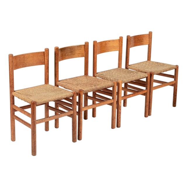 Mid Century Dutch Oak Wood and Rush Chairs by Johan Van Heuvel For Sale