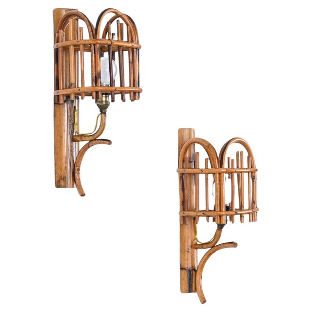 Mid-Century Rattan Lantern Sconces by Louis Sognot, 1960s, Set of 2 For Sale - Image 6 of 13