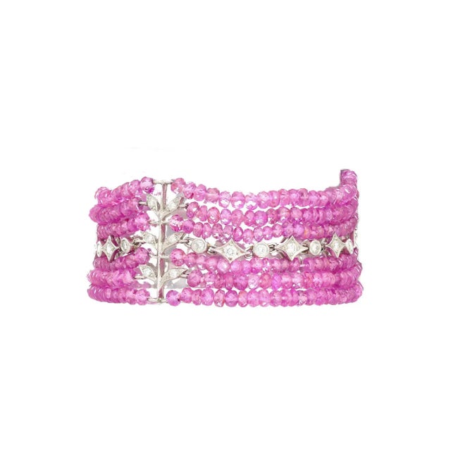 Light Pink Vintage Platinum Diamond & Pink Sapphire Bead Bracelet For Sale - Image 8 of 8
