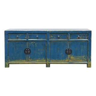 Distressed Bright Blue Oriental Sideboard Credenza Console Table Cabinet For Sale