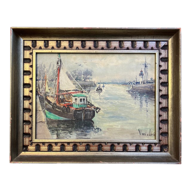 1950’s European Seascape in Port With Lighthouse Painting Original Carved Wood Frame For Sale