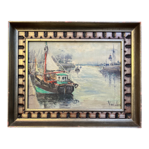 1950’s European Seascape in Port With Lighthouse Painting Original Carved Wood Frame