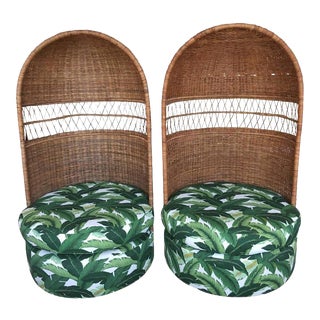 Vintage Rattan Dome Hooded Tropical Leaf Palm Beach Wicker Bamboo Chairs - a Pair For Sale