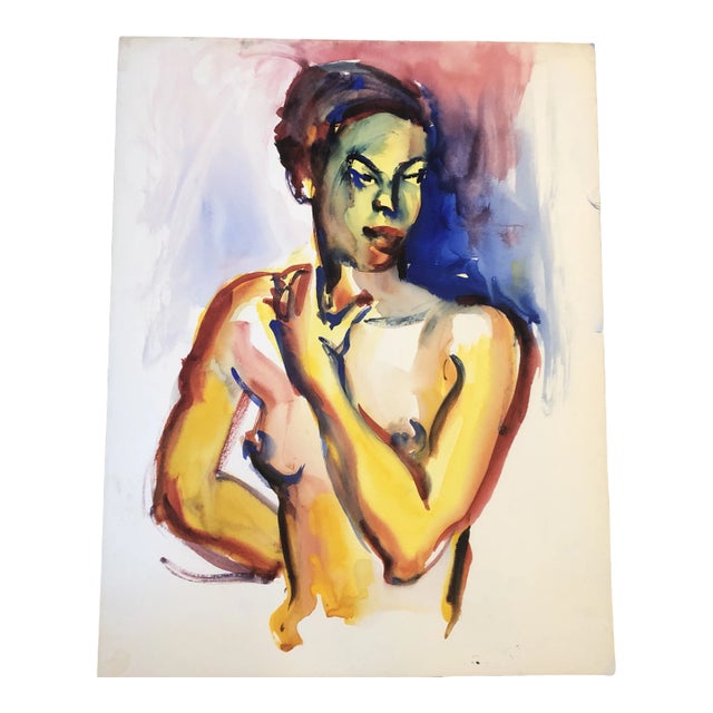 Original Vintage Female Nude Portrait Watercolor Painting 1970’s For Sale