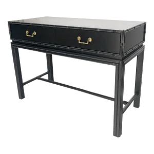 Ficks Reed Black Lacquer Faux Bamboo Solid Brass Pulls Two Drawer Console Desk