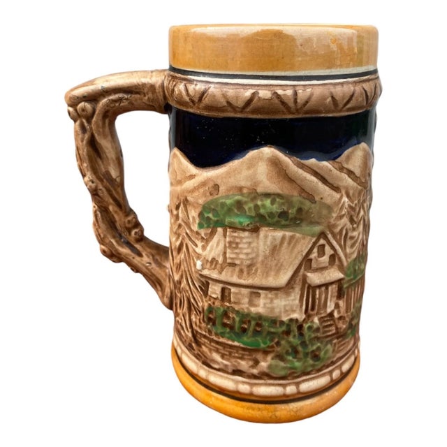 Vintage German Style Beer Stein Pair Lidded Ceramic Hand Painted Folk Scene Mug For Sale In Philadelphia - Image 6 of 13