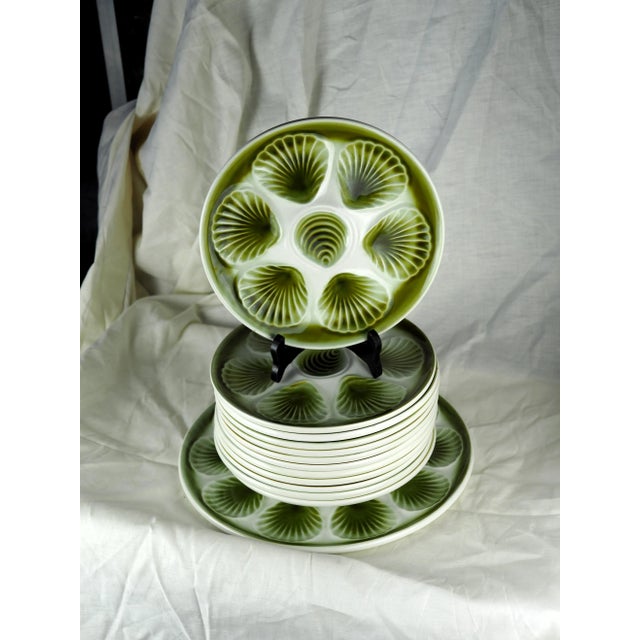 French Mid-Century French Orchies Green Pastel Majolica Oyster Dishes and Plates - Set of 13 For Sale - Image 3 of 11
