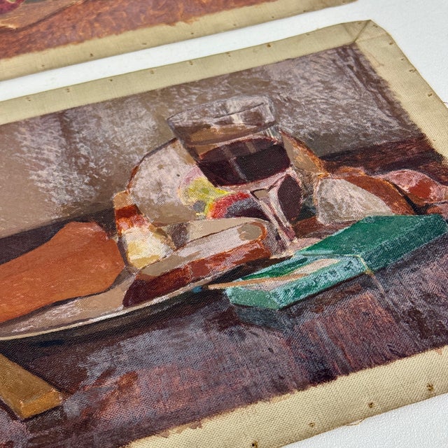 Early 20th Century Stupendous Set of 2 Vintage Unstretched Oil/Canvas Still Life's of Fruit Bread & Wine For Sale In New York - Image 6 of 9