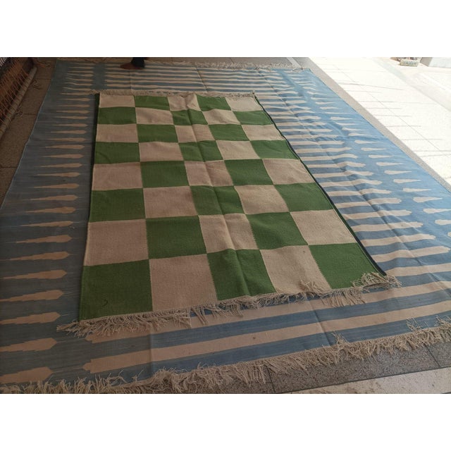 Textile Handmade Woolen Flat Weave Rug, Moss Green and White Checker Board Dhurrie - 5'x8' For Sale - Image 7 of 12