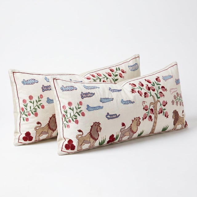 Mid-Century Modern Lion Suzani Lumbar Pillow Cover 18'' X 53'' - Set of Two For Sale - Image 3 of 4
