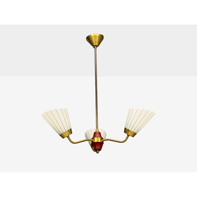 1950s Swedish Modern, Three-Light Pendant Light, Brass, Wood, Glass For Sale - Image 4 of 11