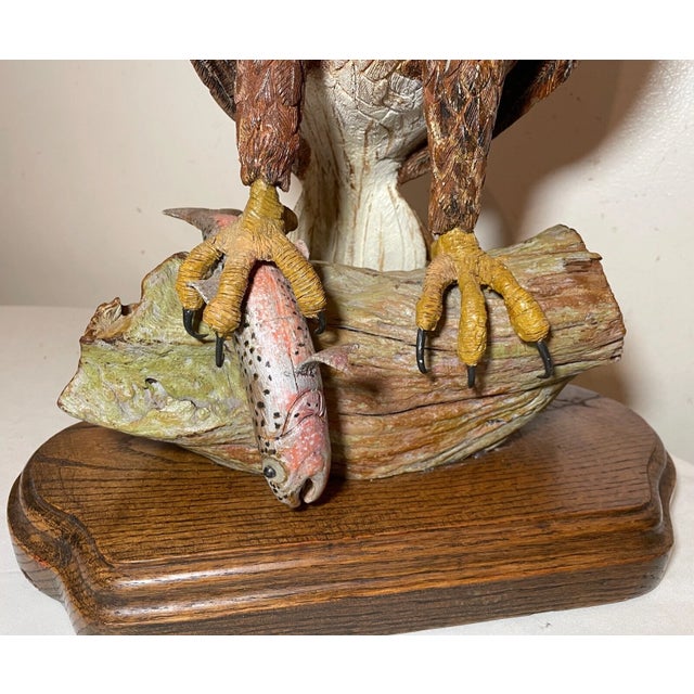 Vintage Hand Carved Wood Folk Art Bald Eagle Bird With Fish Sculpture Statue For Sale - Image 12 of 17