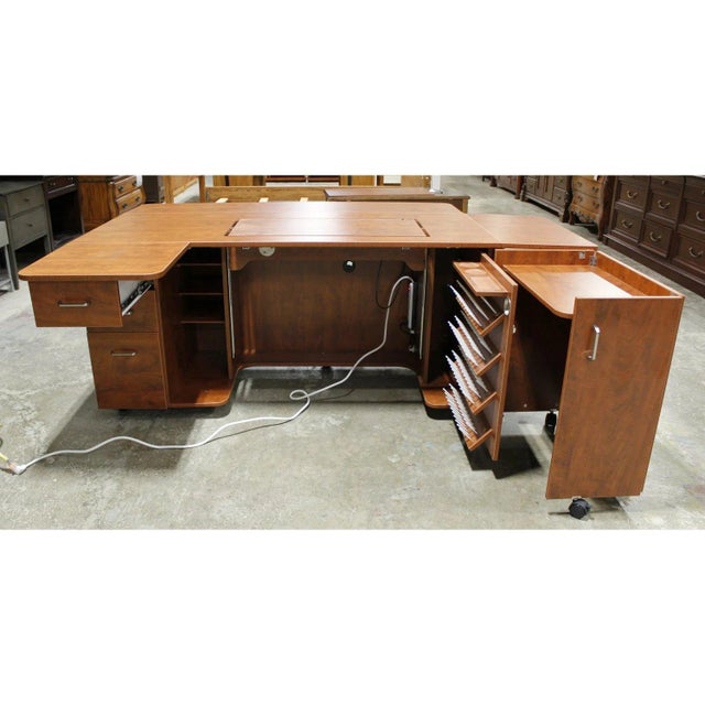 Contemporary Horn of America Sewing/Craft Table Cabinet - Warm Finish For Sale - Image 3 of 9