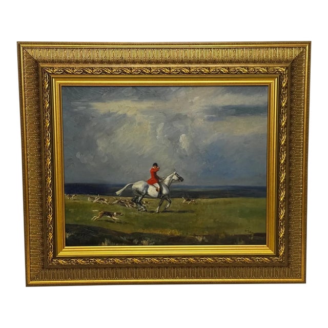 Raoul Millais Hunting Painting, English Fox Hunt Scene, Grey Horse Scarlet Huntsman With Hounds, Sussex Sporting Art For Sale