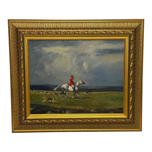 Raoul Millais Hunting Painting, English Fox Hunt Scene, Grey Horse Scarlet Huntsman With Hounds, Sussex Sporting Art
