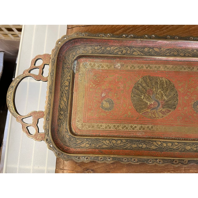 Persian Vintage Hand-Etched Peacock Serving Tray - Made in India For Sale - Image 3 of 11
