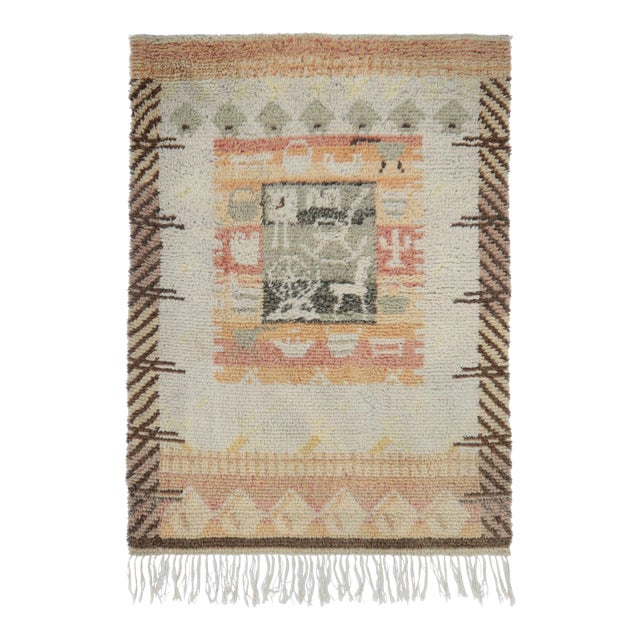 Vintage Swedish Rya Rug, Pictorial Folk Motifs & Geometric Borders - Rug & Kilim For Sale
