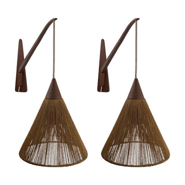 Teak Sisal and Brass Arc Swing Wall Lamps attributed to Temde, Switzerland, 1960s, Set of 2 For Sale