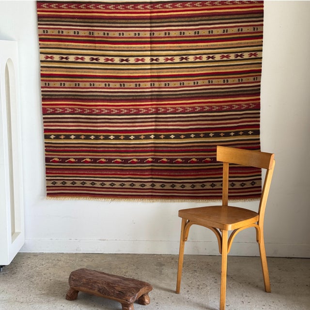 Large Indian Beige Rug with Red, Yellow and White Stripes and Geometric Borders, 1980s For Sale - Image 14 of 18