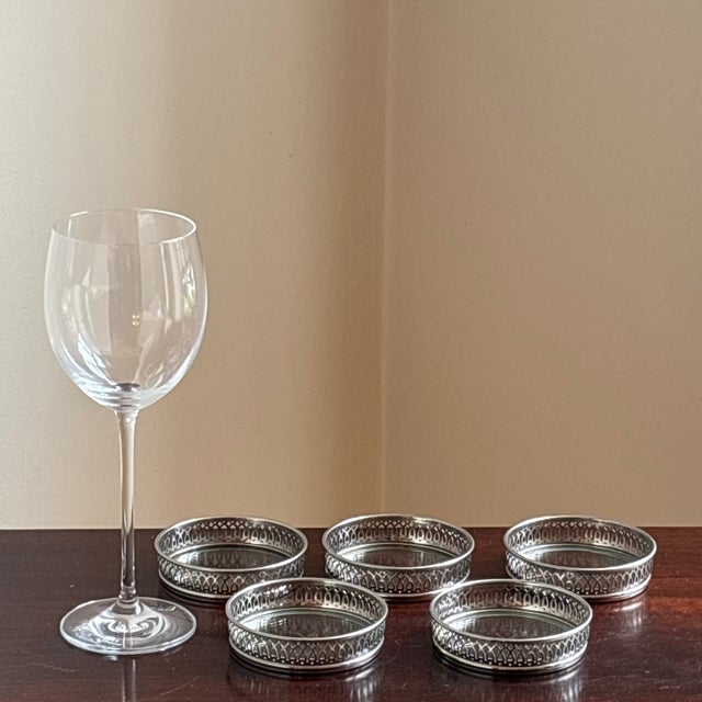 Mid-Century Modern Mid-Century Silver-Plated Gallery Rim Glass Coasters – Set of Five For Sale - Image 3 of 10