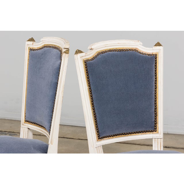 Antique French Louis XVI Style Painted Accent Chairs in Blue Mohair - A Pair For Sale - Image 15 of 18