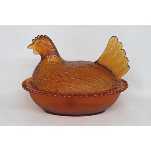 Amber Indiana Glass Amber Hen on Nest Covered Candy Dish With Beaded Rim 4921b For Sale - Image 8 of 15