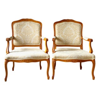 Louis XV Revival Rococo Style Damask Upholstered Beech Armchairs, England, 1950s, Set of 2 For Sale