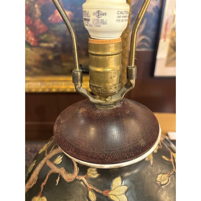 Black Vintage Japanese Famille Noire Black Porcelain Table Lamps - Hand Painted - a Pair For Sale - Image 8 of 9