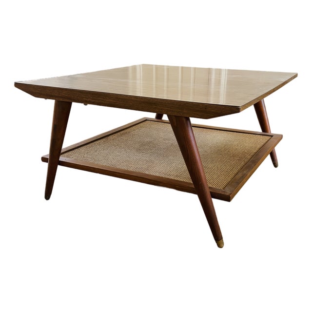 Imperial Furniture Mid-Century Modern Walnut Coffee Table With Woven Cane Shelf For Sale
