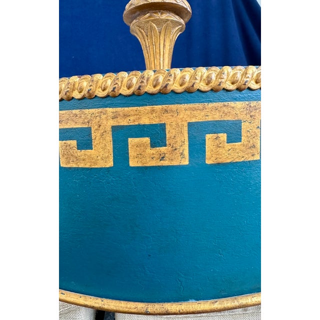 Elegant Rosselli five-light tole shade chandelier featuring a rich dark green finish accented with gold Greek key...