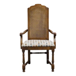 Drexel Furniture Bishopsgate Collection Solid Walnut English Tudor Style Cane Back Dining Arm Chair For Sale