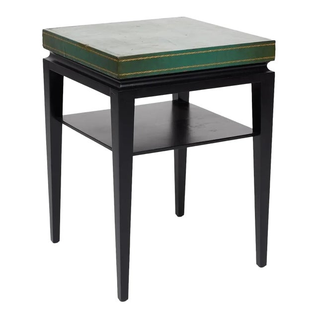 Tommi Parzinger Green Leather Occasional Table, Model No. 3303, Ca. 1955 Ebonized Wood, Embossed Leather. For Sale