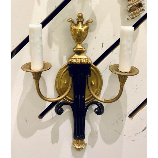 Original Retail $2270, stylish Italian Bronze Wall Sconces Pair, black accents, showroom floor sample