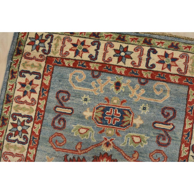 Kazak Rug 2’10” X 4′ Blue Wool Tribal Hand-Knotted Oriental Carpet For Sale In Philadelphia - Image 6 of 10