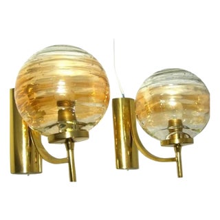 Mid-Century Modern Art Deco Style Sconces in Brass and Murano Glass, 1980s, Set of 2 For Sale
