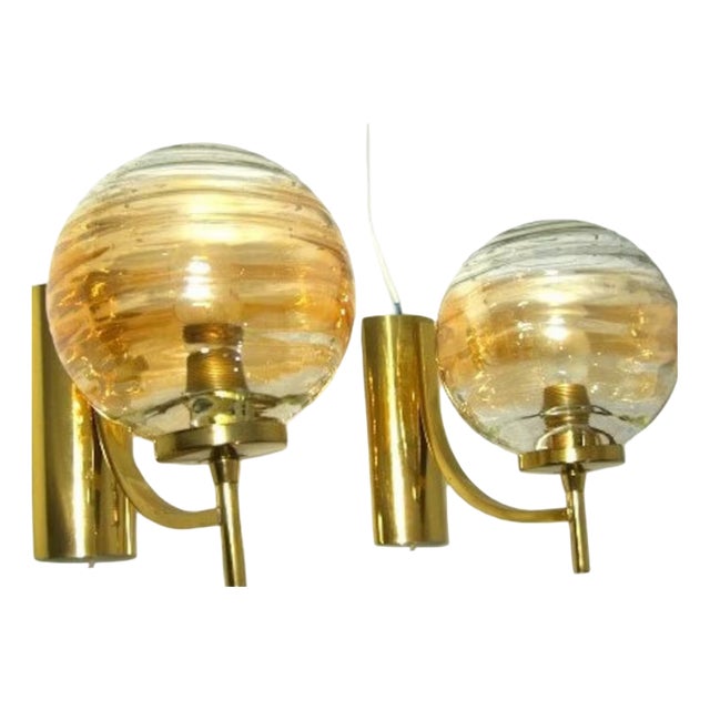Mid-Century Modern Art Deco Style Sconces in Brass and Murano Glass, 1980s, Set of 2 For Sale