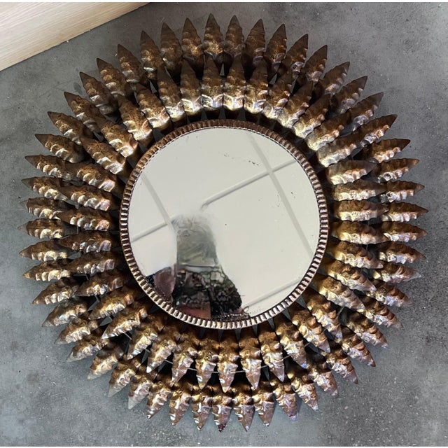 Silver Mid 20th Century Round Spanish Gilt Metal Sunburst Mirror For Sale - Image 8 of 18