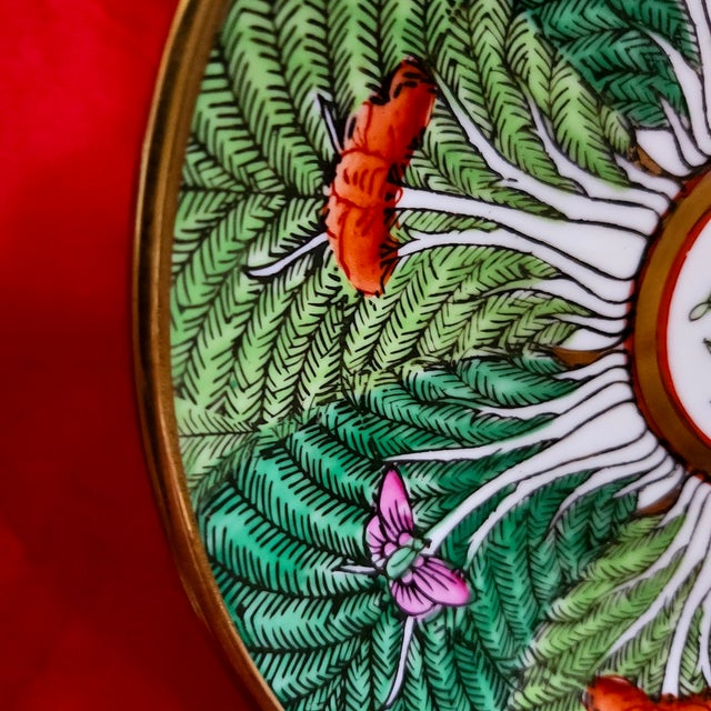 Final Clearance Horchow Neiman Marcus Brass Emerald Green Cabbage Butterfly Famille Rose Dish 1970s For Sale - Image 10 of 18