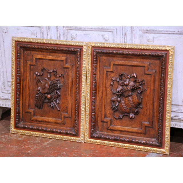 Decorate a wall, study, or wine cellar with this richly carved pair of antique decorative panels. Crafted in France circa...