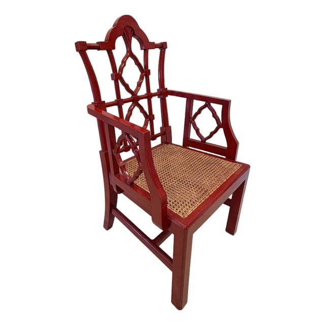 Chippendale Cane Seat Red Lacquer Armchair For Sale
