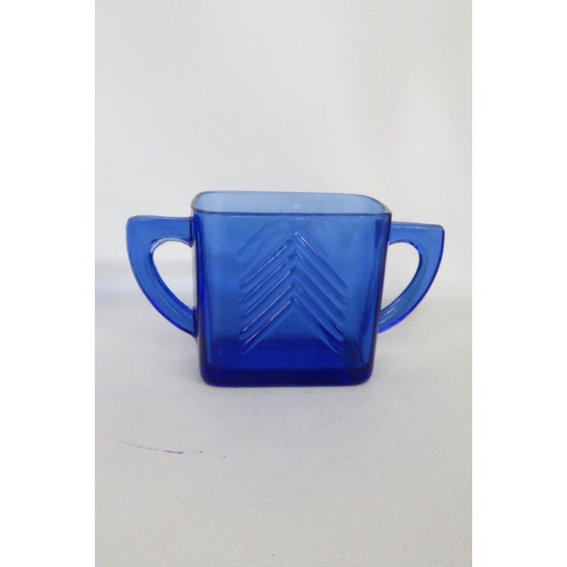 Mid 20th Century Hazel Atlas Cobalt Blue Glass Chevron 3pc Set 2 Creamers and Sugar Bowl For Sale - Image 11 of 12