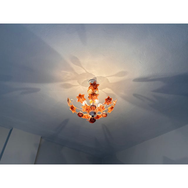 Vintage Italian Murano Style Amber Brown Floral Chandelier - Porcelain Body With Crystal Teardrops For Sale - Image 6 of 18