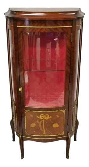 Vintage French Louis XV Style Small Bowed Glass Inlaid Curio Display Cabinet